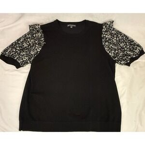 Adrianna Papell black knit top with floral ruffle sleeves size L
